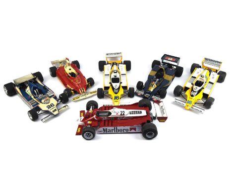 Six Tamiya style large scale plastic built model kits comprising ; Renault RE20 Turbo (x2), Alfa Romeo 177, Ligier JS 11, Wol