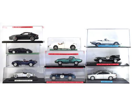 Ten 1:18 scale Jaguar die-cast model cars comprising ; Auto Art 1971 E-Type series 3, Auto Art 2015 F-Type Coupe, Paragon E-T