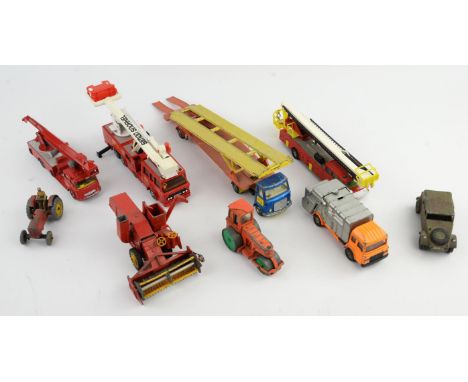 A collection of vintage play worn die-cast vehicles including ; a Matchbox Superkings K39 Snorkel Fire Engine, a Dinky 101 Va