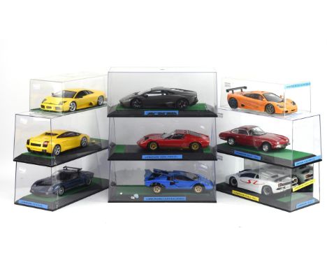 Nine 1:18 scale die-cast model cars comprising ; Ricko 1964 Lamborghini 350 GT, Kyosho Lamborghini Jota SVR, AUTOart Lamborgh