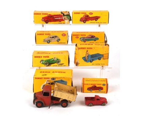 Seven vintage Dinky die-cast vehicles comprising ; 410 Bedford End Tipper, 235 H.W.M. Racing Car, 422Fordson Thames Flat Truc