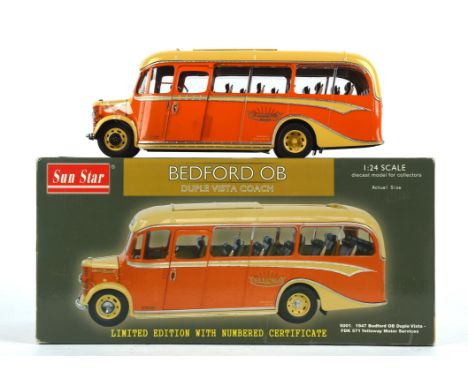 A Sun Star 1:24 die-cast scale model of a Bedford OB Duple Vista Coach detailed with 'Yelloway Motor Services', boxed.Conditi