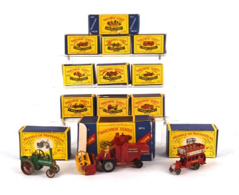 Eleven Matchbox die-cast vehicles comprising ; 2 Dumper truck, 12 Jeep, 49 Caterpillar truck, 9 Fire Engine, 52 Racing car, 5