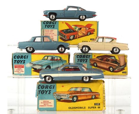 Four Corgi die-cast vehicles comprising ; 235 Oldsmobile Super 88, 252 Rover 2000, 234 Ford Consul Classic and 241 Ghia L.6.4