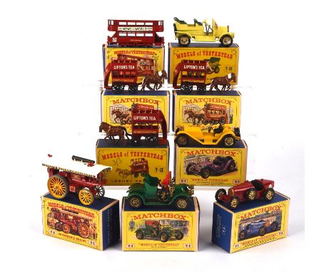 Nine vintage Matchbox Models of Yesteryear comprising ; Y3 London Tramcar, Y12 Horse Bus (x3), Y6 Supercharged Bugatti Type 3