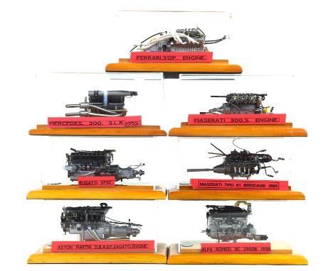 Five CMC small scale models of car engines comprising ; Maserati 300 S, 1938 Alfa Romeo 2900B, Ferrari 312P, Aston MartinDB4 