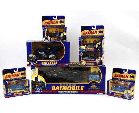 Batman ; a Corgi 1:18 scale Bat Mobile, a Corgi Batcycle and five Corgi die-cast 1:43 scale vehicles, also two 'Golden Age' v