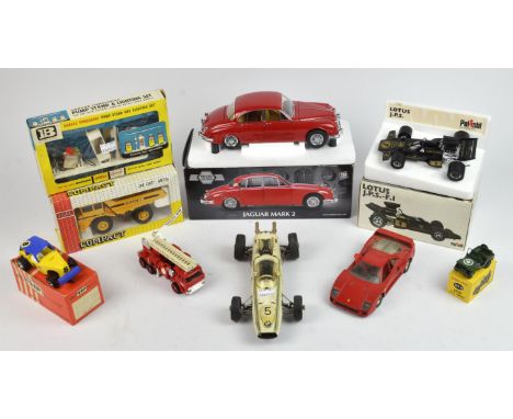 A Schuco 1072 BMW Formel 2 clockwork, tinplate racing car, a Britains Pump Stand and Lighting set, boxed, a Model Icons 1:18 