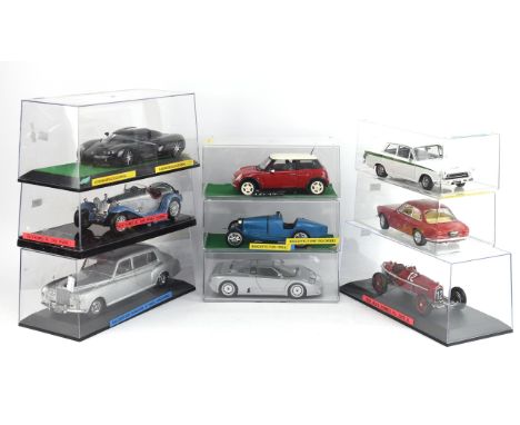 Nine 1:18 scale die-cast model vehicles comprising ; Road Signature 1965 Alfa Romeo Guila Sprint GTA, 1932 Alfa Romeo P3, Bur