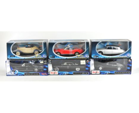 Three Maisto, 1:18 scale die-cast vehicles comprising ; 1971 Chevrolet Chevelle SS 454, 1965 Pontiac GTO, 1956 Chrysler 300 a