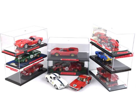 Ten Ferrari scale model cars comprising ; Burago 1957 Ferrari 250 Testa Rossa, CMC 1953 Ferrari 500 F2, CMC 1958 Ferrari 250 