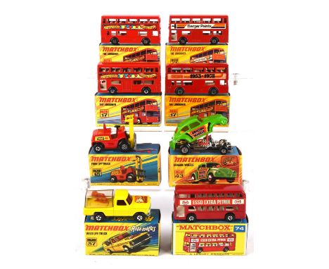Eight Matchbox die-cast vehicles comprising ; 15 Fork Lift Truck, 74 Daimler Bus, 57 Wild Life Truck, 43 Dragon Wheels, 17The
