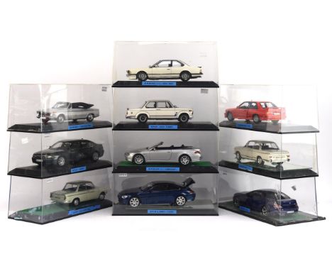Ten 1:18 scale BMW die-cast cars comprising ; Minchamps 1967 1600 Convertible, Minichamps 1986-1990 M3, Kyosho 6 series Coupe