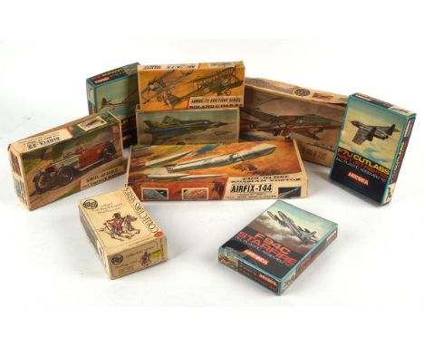Nine vintage scale model kits including; Airfix - 144 Russian Vostok, Airfix 32 scale 1911 Prince Henry, Aurora F7U Cutlass N