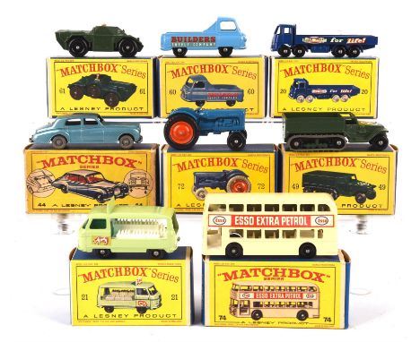 Eight Matchbox die-cast vehicles comprising ; 44 Rolls Royce Phantom V, 20 Transport Truck, 72 Fordson Tractor, 74 Daimler Bu