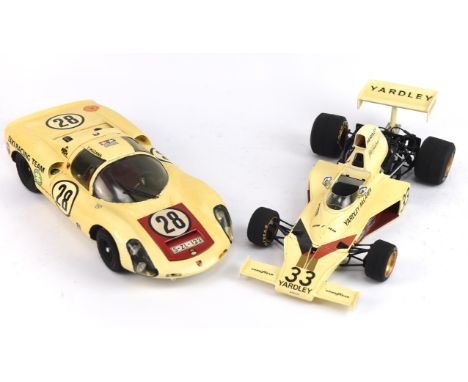 Seven Tamiya style large scale plastic models comprising five F1 Cars ; 1979 Ferrari 312, Mclaren M23 Malboro, Lotus Mk lll J