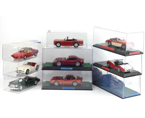 Nine 1:18 scale die-cast model cars comprising ; Jadi TVR Tuscan, Jadi TVR Sagaris, Sun Star 2004 TVR Tuscan Mk2, Kyosho Triu