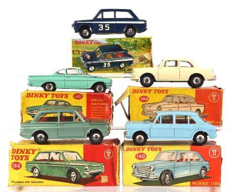 Five Dinky die-cast vehicles comprising ; 214 Hillman Imp Rally car, 138 Hillman Imp Saloon, 140 Morris 1100, 144 Volkswagen 