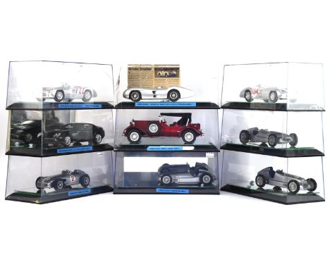 Nine 1:18 scale, Mercedes Benz die-cast cars comprising ; CMC (?) W165, Maisto 300 SLR, CMC 1954 196R Streamliner, CMC 1934 W