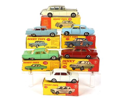 Six Dinky die-cast vehicles comprising ; 130 Ford Consul Corsair, 136 Vauxall Viva, 198 Rolls Royce Phantom V, 148 Ford Fairl