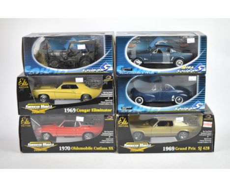 Three Solido 1:18 scale die-cast vehicles comprising ; Ford Mustang Fastback, 1954 Peugeot Coupe, American Army Jeep, also th