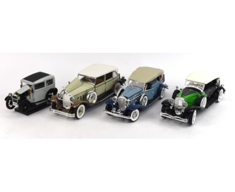 Eight 1:18 scale die-cast model cars comprising ; BMW Dixie, Anson 1932 Cadillac Sport Phaeton, Signature 1930 Packard Brewst