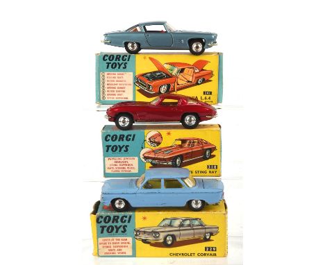 Three Corgi die-cast vehicles comprising ; 310 Chevrolet Corvette Sting Ray, 229 Chevrolet Corvair and 241 Ghia L.6.4. with C