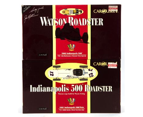 A Carousel 1:18 scale die-cast model of a Watson Roadster and another of an Indianapolis 500 Roadster, both boxed.  (2)