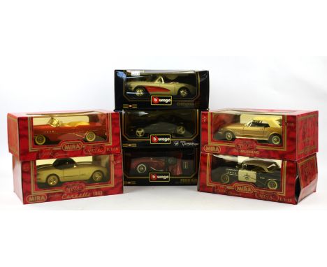 Three Burago 1:18 scale die-cast model cars comprising ; 1957 Chevrolet Corvette, 1957 Ferrari Testa Rossa, a Dodge Viper, al