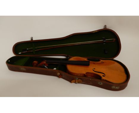 A German two piece back violin 35.75cm bearing label to the interior Carl Meyer Voigtlandiches Fabrikat no 2006 imported by B