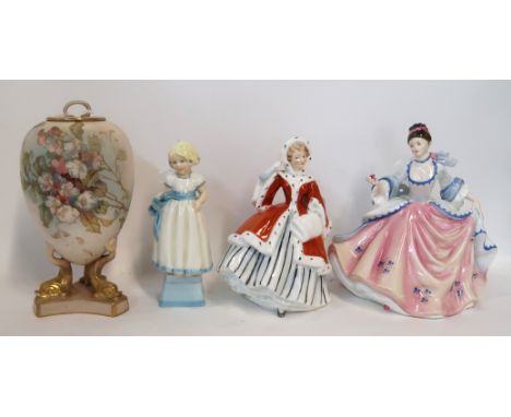 Two Royal Doulton figures Noelle and Rebecca, a Royal Worcester figure Monday's child is fair of face, together with Doulton 