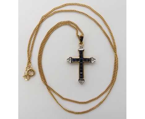 A 9ct gold sapphire and diamond cross dimensions 2.8cm x 1.7cm, with a 9ct gold chain length 46cm, weight 3.8gms Condition Re