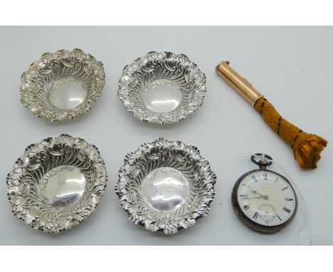 A lot comprising a set of four silver bon bon dishes, (8.5cm diameter), a silver cased pocket watch and a cleaning tool Condi