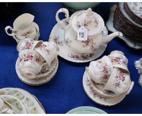 A Royal Albert Lavender Rose teaset comprising teapot, six cups, saucers, plates, milk jug and sugar bowl Condition Report: T