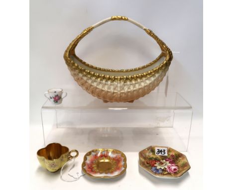 A Royal Worcester basket, a Royal Worcester dish hand painted with passion flower and others, a Spode miniature cup and a Coa