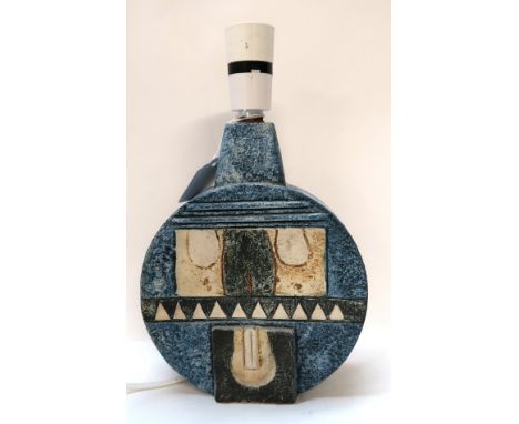 A Troika wheel lamp by Tina Doubleday (circa 1978-79), with geometric relief decoration in shades of blue and cream, painted 