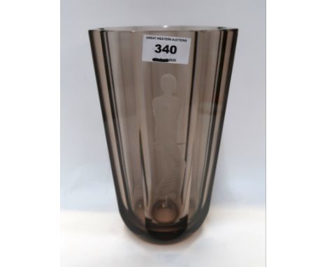 A Vicke Lindstrand Orrefors smoked glass vase etched with an Art Deco woman, marks to base, 23.5cm high Condition Report: Chi