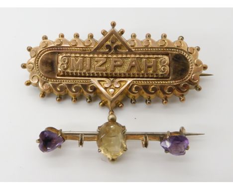 A yellow metal Mizpah brooch with locket back length 5cm and a yellow metal citrine and amethyst brooch, weight combined 10.6