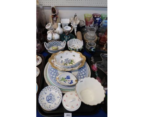 A collection of decorative ceramics including Spode, continental basket marked JR, Halcyon Days 2001 enamel pill box etc Cond