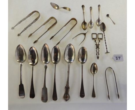 A lot comprising six assorted silver tablespoons, a silver caddy spoon, white metal and silver rings, sugar nips etc, 536gms 