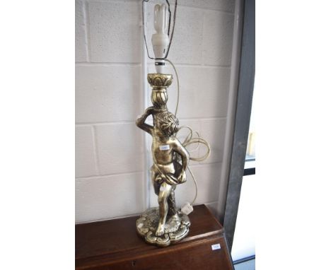 A modern gilt finished table lamp modelled as cherub, height approx. 62cm excluding fitting