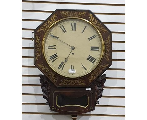 Early 19th century brass inlaid mahogany drop dial wall clock, the octagonal face with pierced brass foliate decorated inlay,