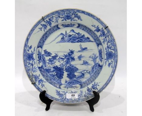 Chinese blue and white porcelain plate painted with river landscape floral border with chips to border 28cm diameter approx a