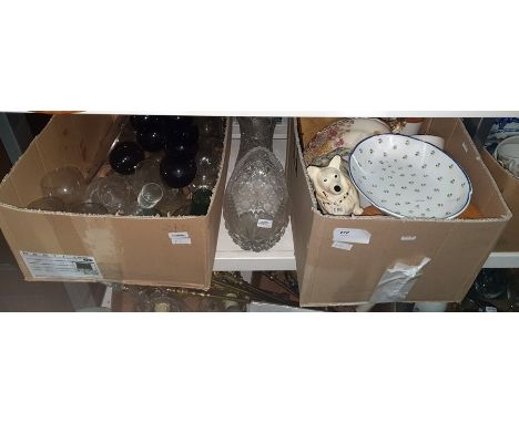 Four Portmeirion storage jars, a ceramic corgi money box, cut glass bowls, assorted glassware and other items (2 boxes and gl