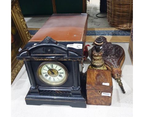 19th century mahogany, boxwood and ebony strung tea caddy, a pair of bellows, a table lamp, a mantel clock, a selection of sh