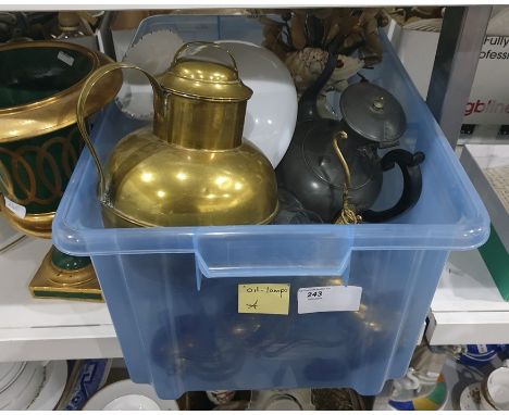 Pewter hot water jug, a copper jug, a park paraffin lamp, a seashell with faux flower decoration etc (1 box)