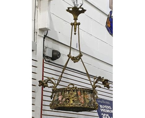 Late 19th/early 20th century gilt metal pendant light fitting with rope and floral festoon support to circular base, pierced 