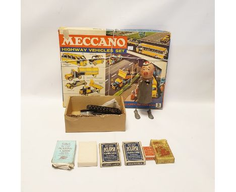 Meccano Highway vehicles set together with Tin plate toy, vintage cards and a box of loose Meccano pieces