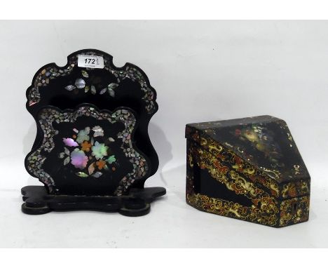 Floral painted lacquer small stationery and trinket box, wedge-shaped (lid to trinket box loose)