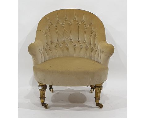 Early Victorian button back salon chair in velour upholstery Condition Reportappears sturdy, legs worn, 77 cms high , 63cms w